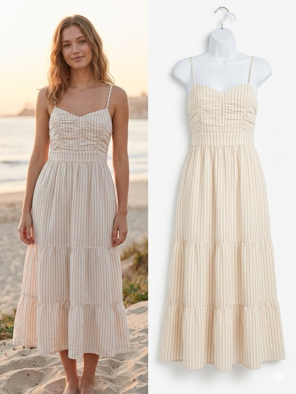 saltwater LUXE Cream-Striped Smocked Midi Dress